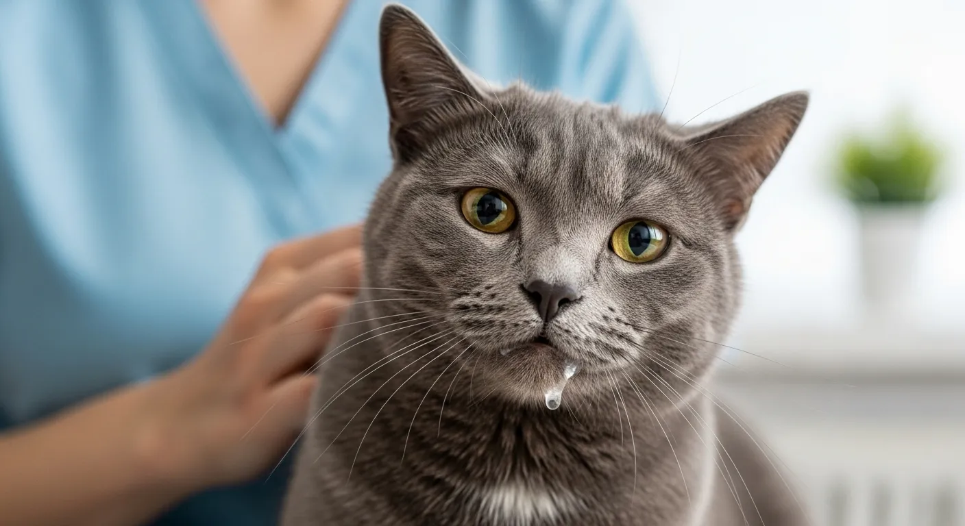 Cat drooling with concerned owner in background