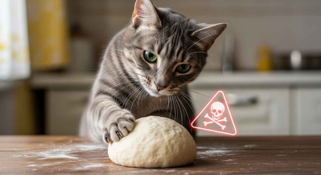Gray cat near raw bread dough with warning symbols.