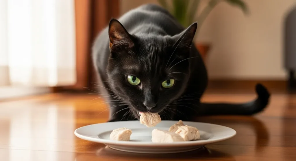 Cat eating cooked chicken