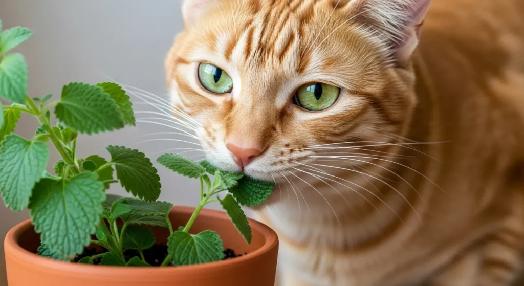 Cat eating catnip plant leaves showing safe consumption behavior