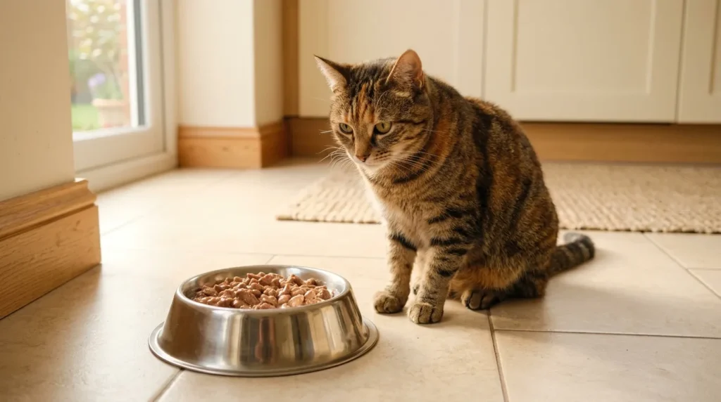 Cat sitting beside a full bowl of wet cat food on kitchen floor 