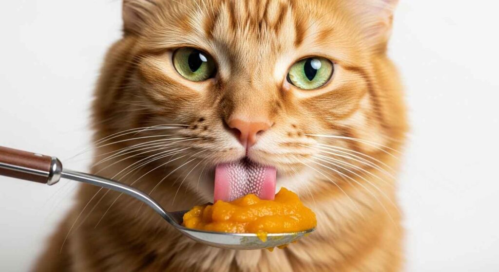Orange tabby cat licking pumpkin puree from a spoon.