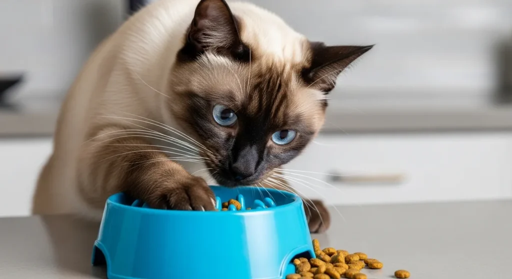 Cat using slow feeder bowl