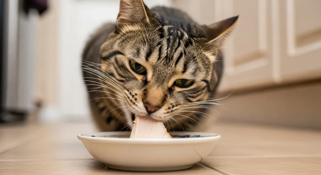 Cat eating safe turkey treat