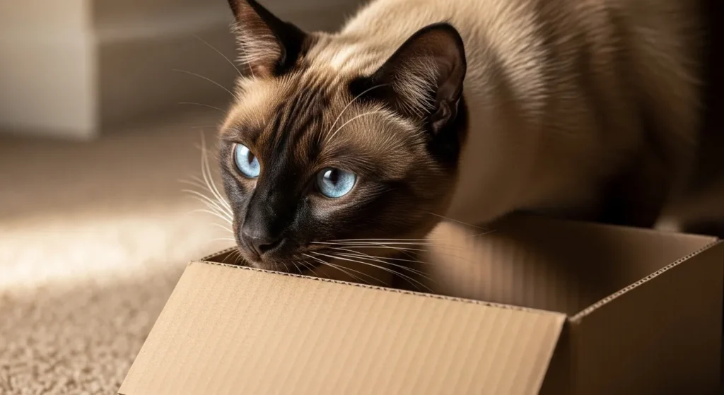 Cat investigating cardboard box