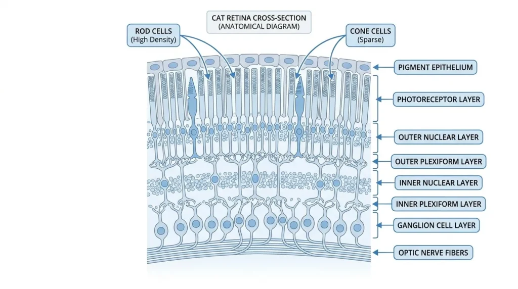 Diagram of cat retina showing high rod density and low cone count compared to human eye