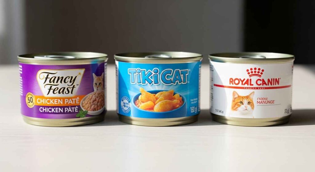 Various cat food cans on shelf.