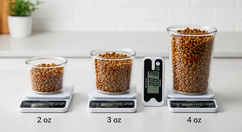 Visual guide showing correct homemade cat food portion sizes for different cat weights
