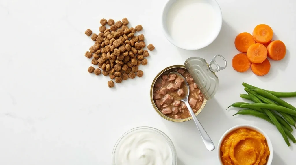 Various cat food ingredients laid out showing foods that can cause gas in cats