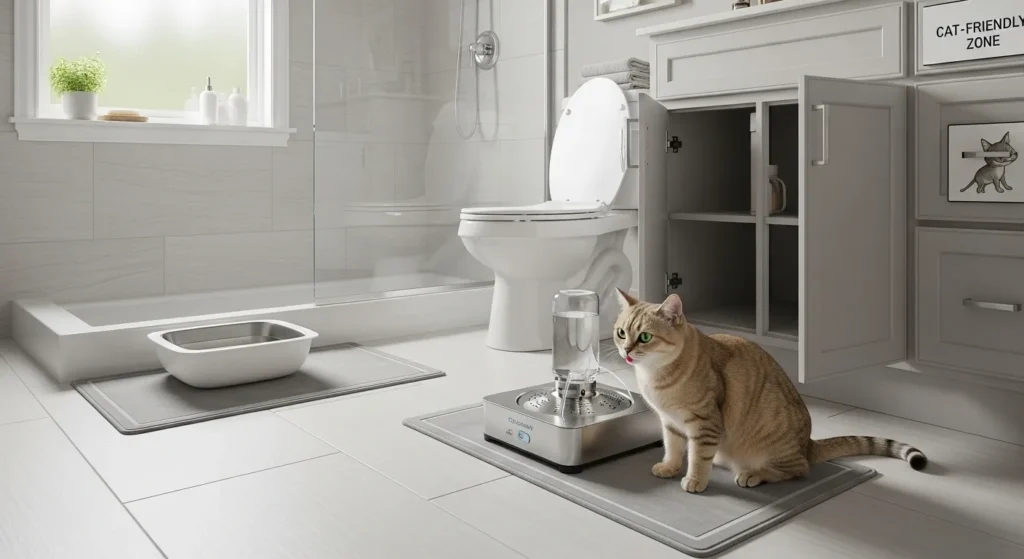  Bathroom setup showing cat-safe features and water bowl placement