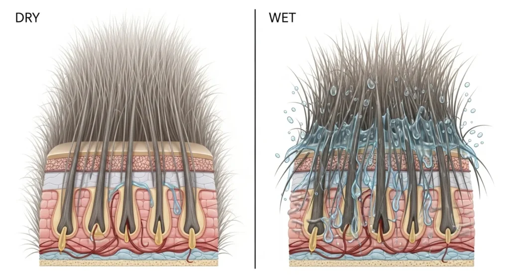 Close-up comparison of dry and wet cat fur showing water absorption