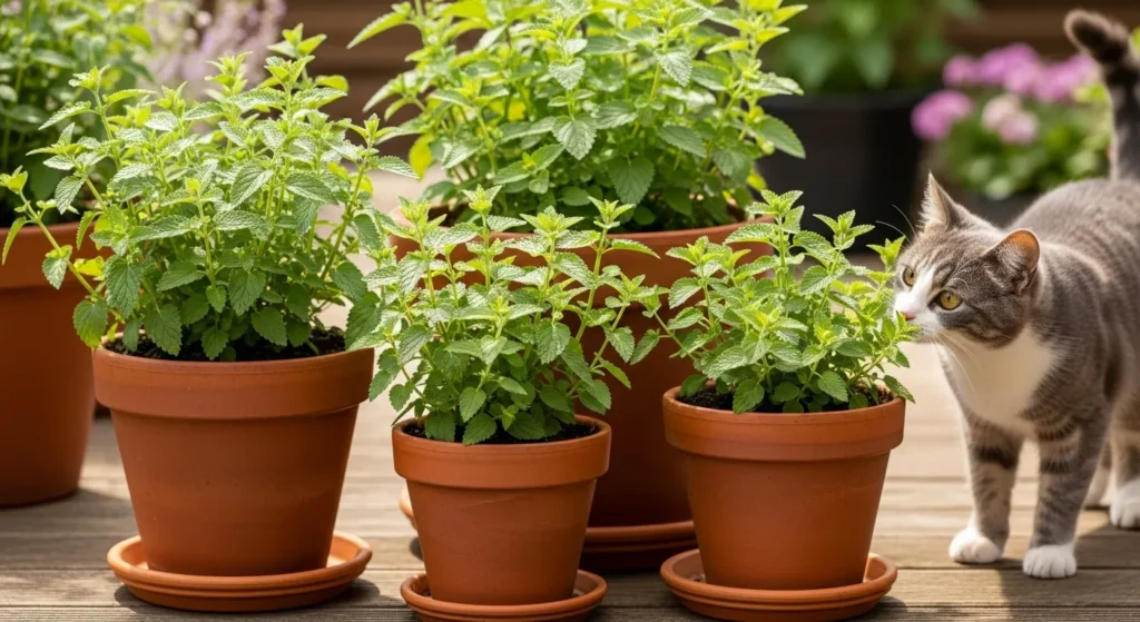Green catnip plants growing in garden pots safe for cats to eat
