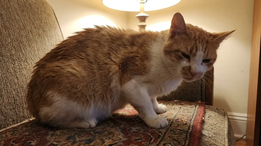 Cat appearing uncomfortable and hunched over, showing signs of gas or digestive distress