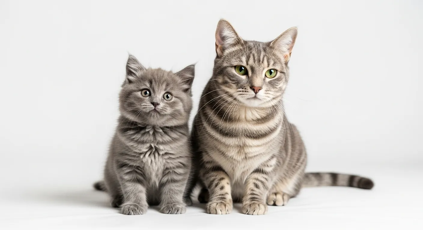 Kitten and adult cat side by side on a bright background.