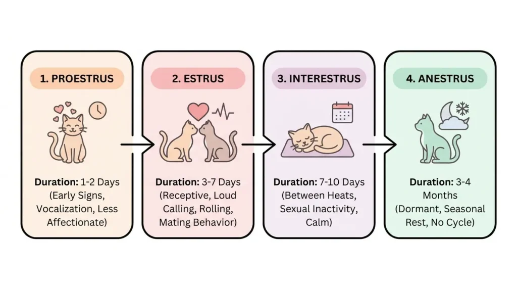 Diagram showing the four stages of a cat's heat cycle: proestrus, estrus, interestrus or metestrus, and anestrus