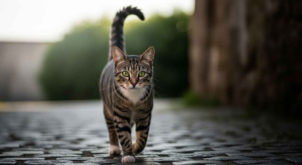 Cat standing with tail raised in greeting pose
