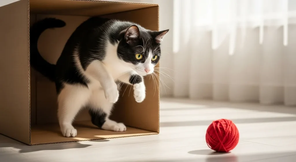 Cat ambushing from cardboard box