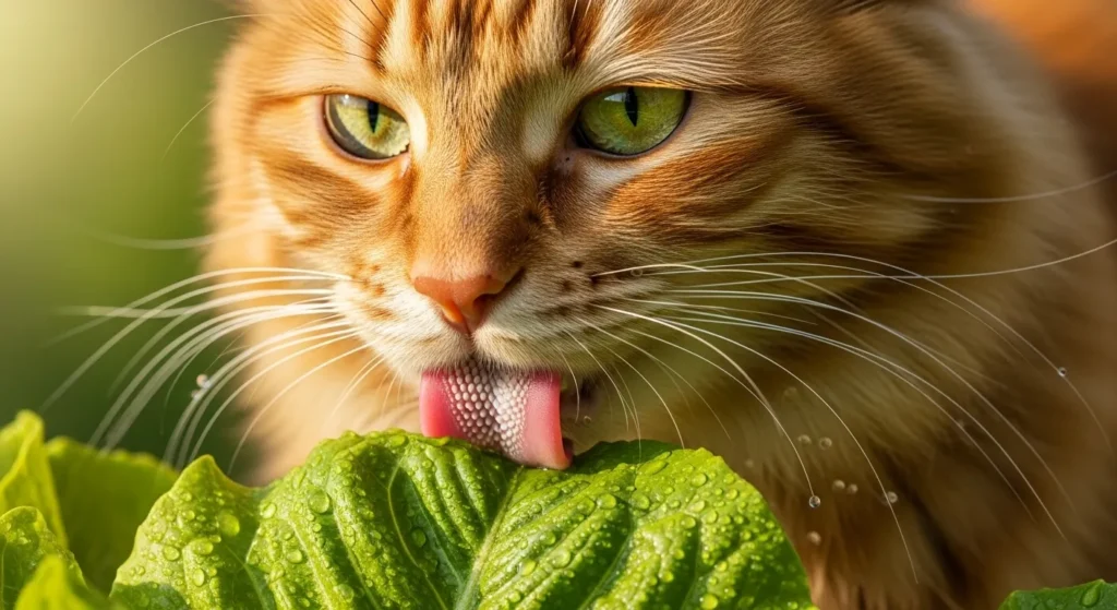 Cat drinking water from lettuce leaf.