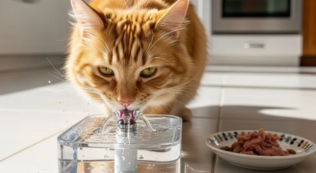 cat at water fountain with wet food bowl