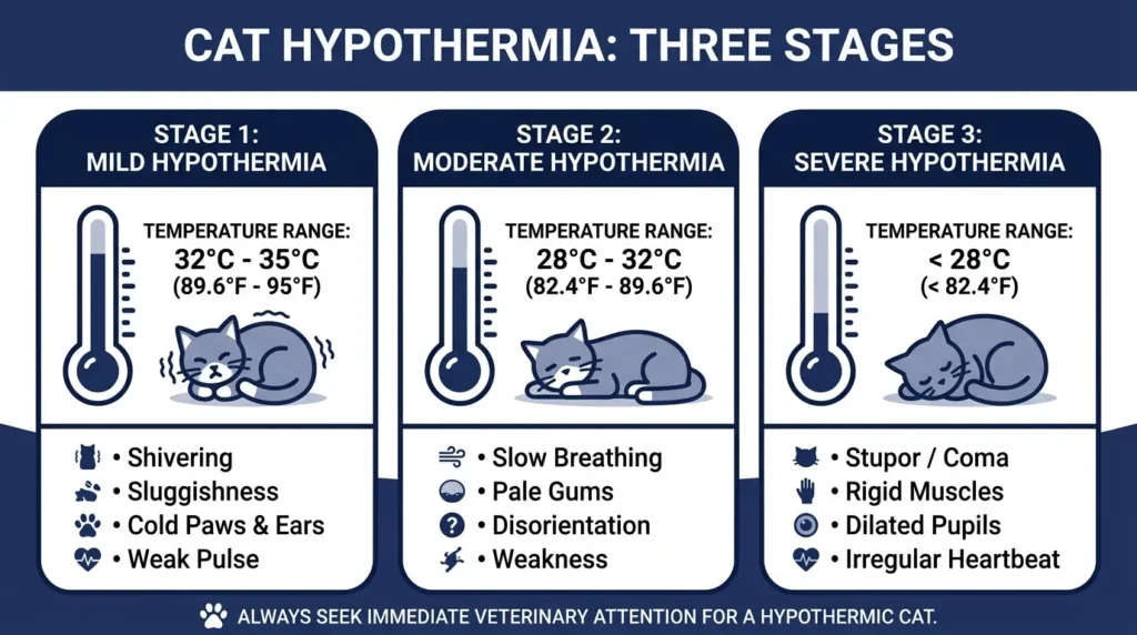 Infographic showing three stages of cat
hypothermia with temperature thresholds and symptoms