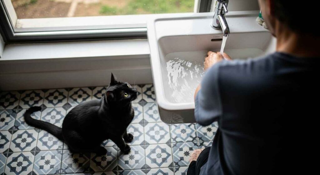 Cat in bathroom with person