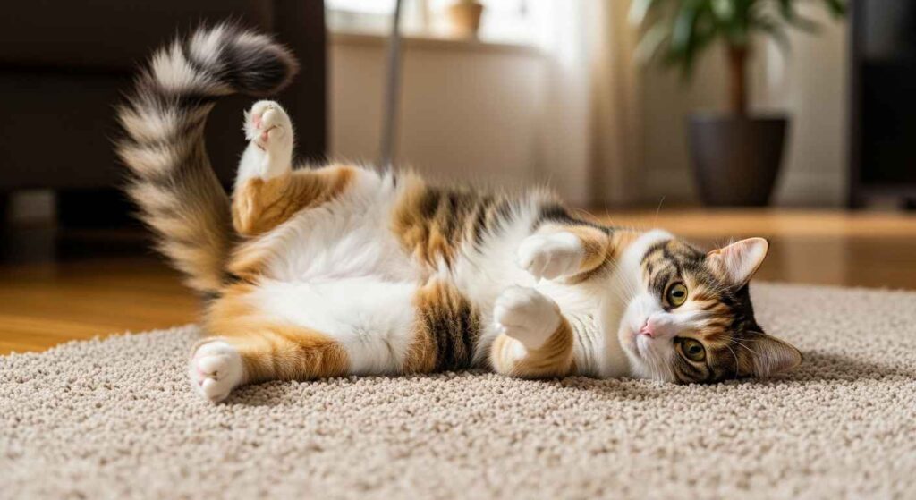 Female cat rolling on floor during heat.