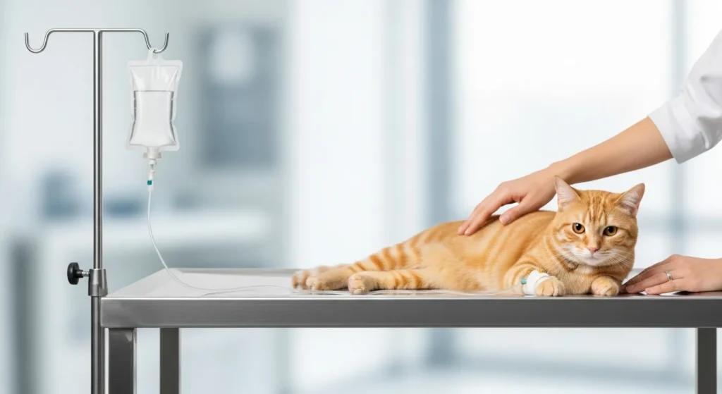 Cat receiving IV treatment for parvo recovery.