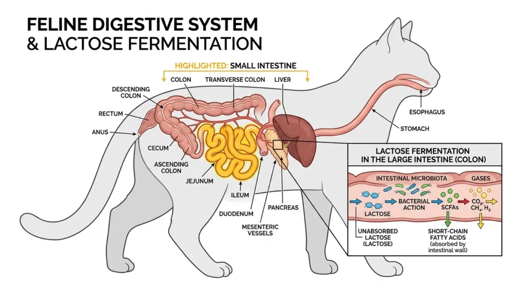 Diagram showing how lactose causes digestive problems in cats due to missing lactase enzyme