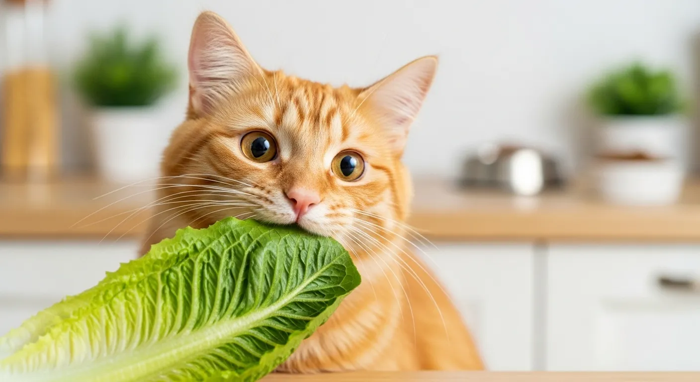 Cat eating lettuce safely.