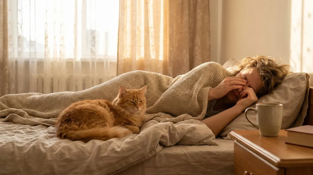 Orange cat sitting beside a person waking up in bed in soft morning light