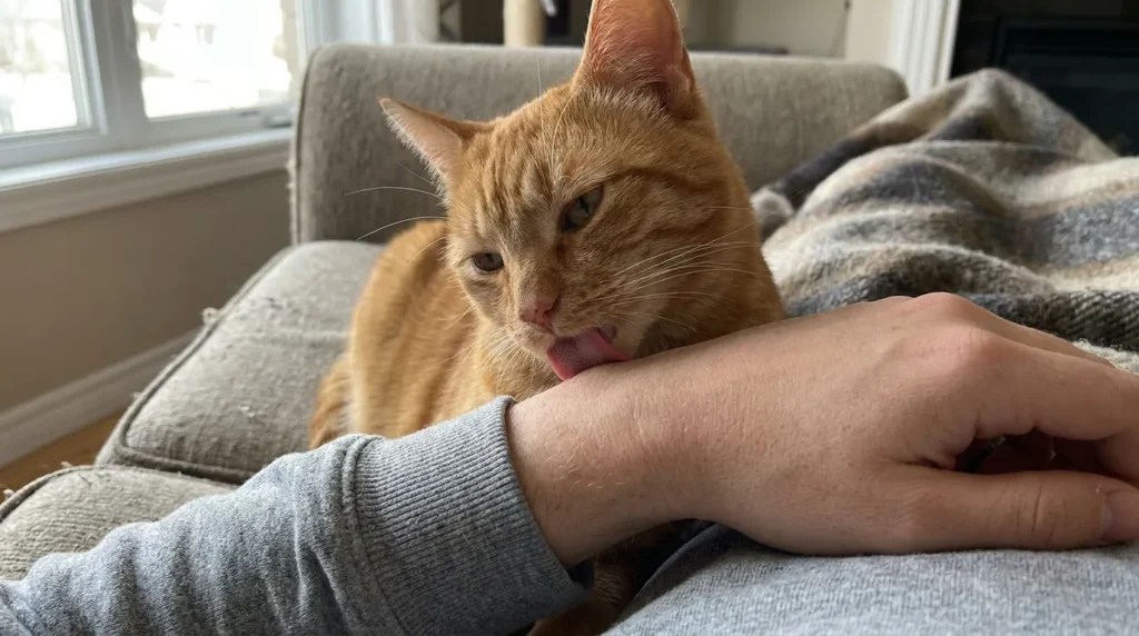 Ginger cat licking person's arm while sitting on a couch