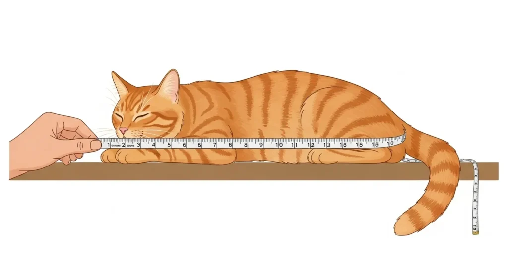 Adult orange cat being measured with a soft tape from nose to tail.