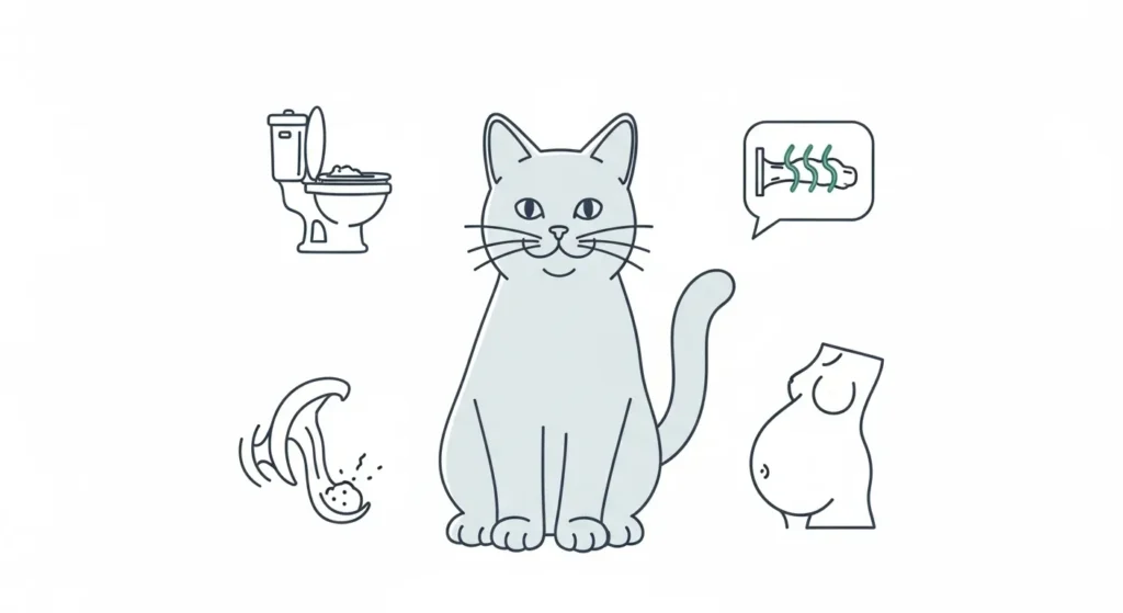 illustration of cat with diarrhea vomiting gas bloating icons
