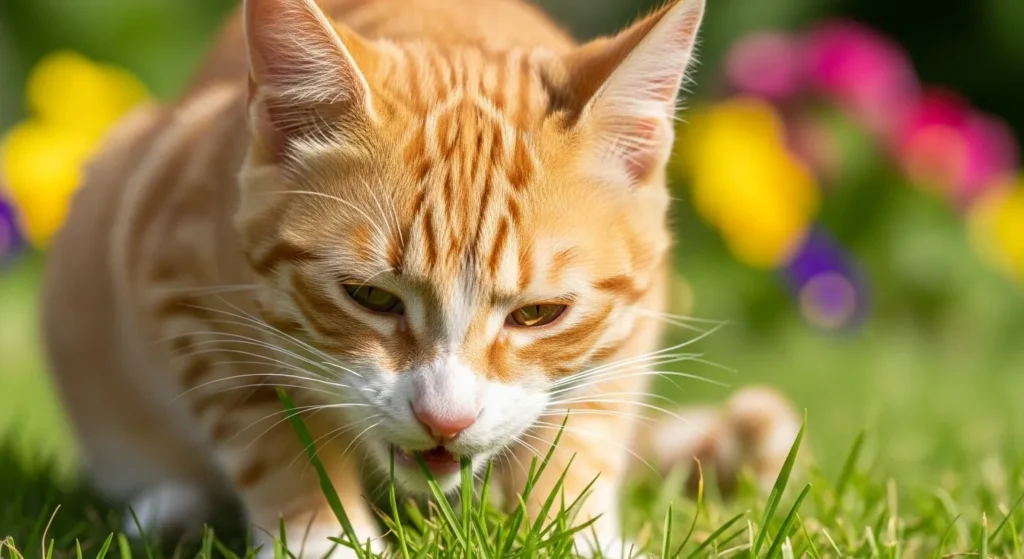 Tabby cat eating grass outdoors