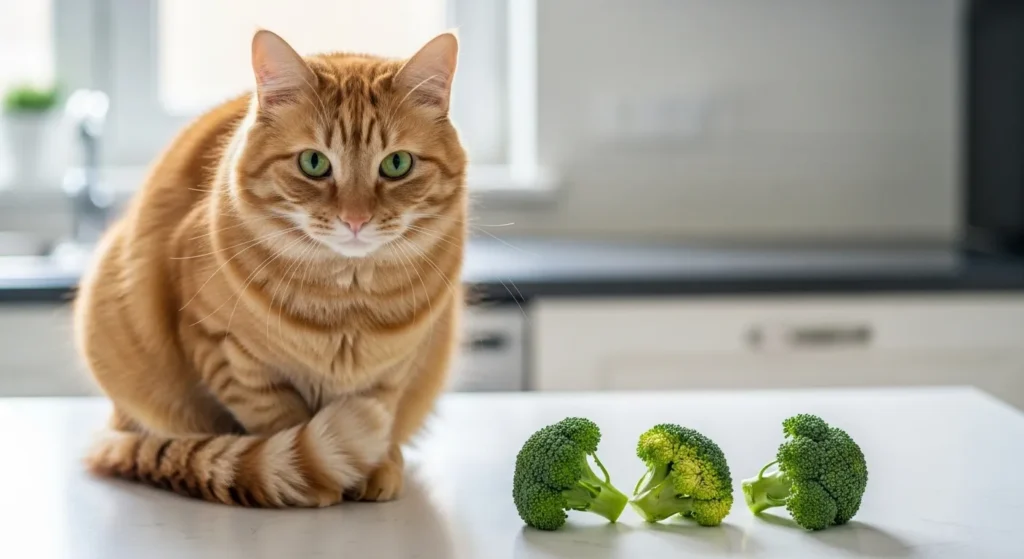 Cat curious about broccoli vegetable.