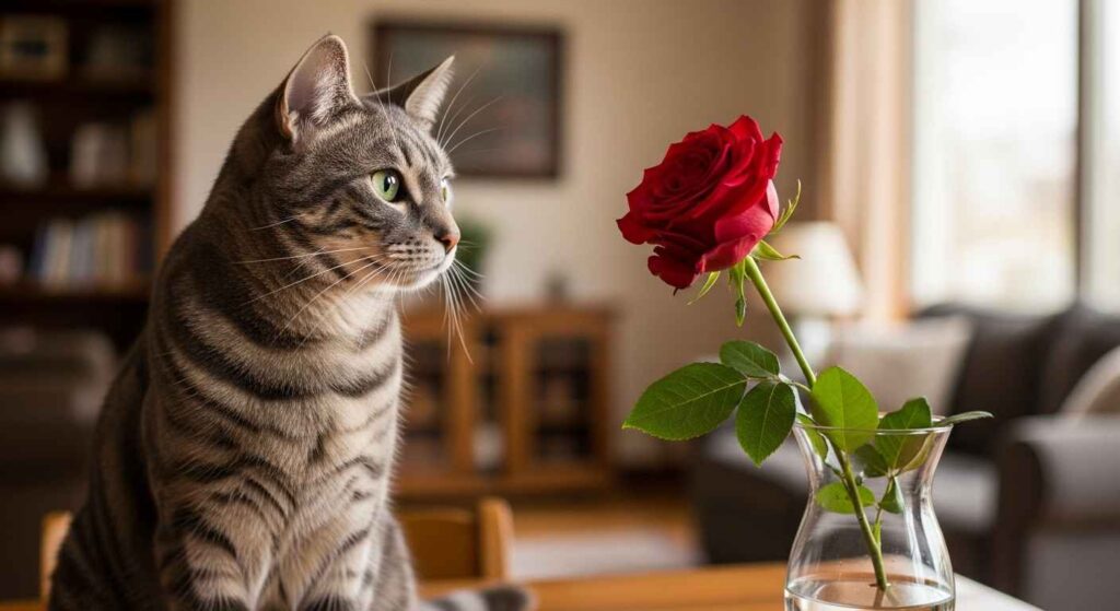 Cat sniffing a rose.