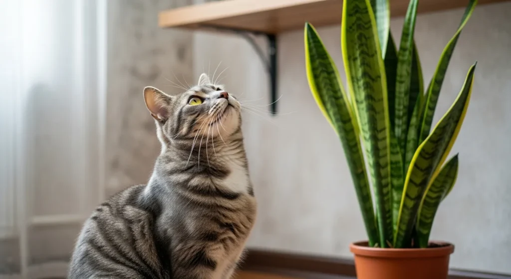 Curious cat near toxic snake plant.