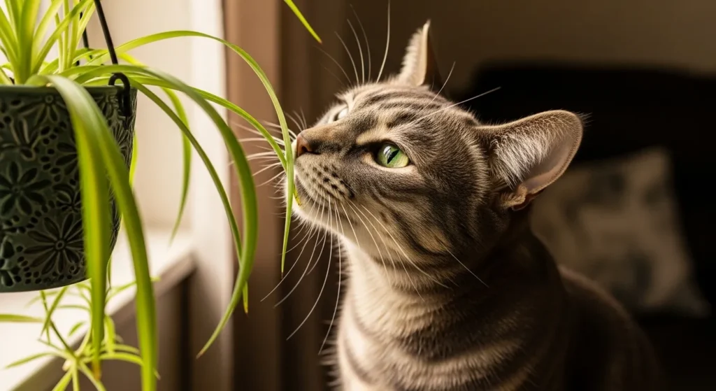 Curious cat by safe houseplant.