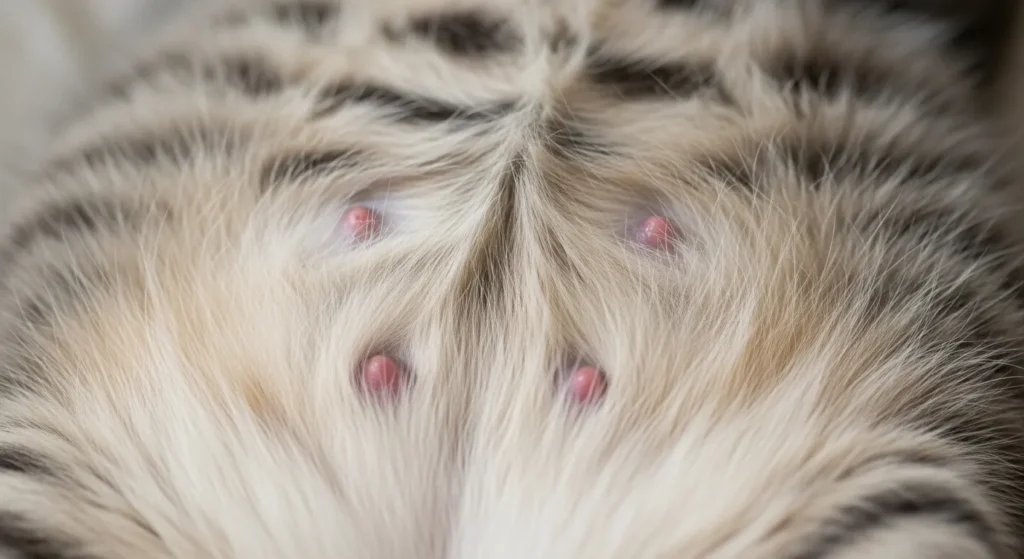 Cat belly with visible nipples arranged in two lines.