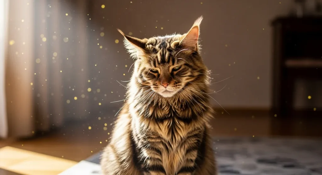 Cat exposed to allergens causing sneezing.