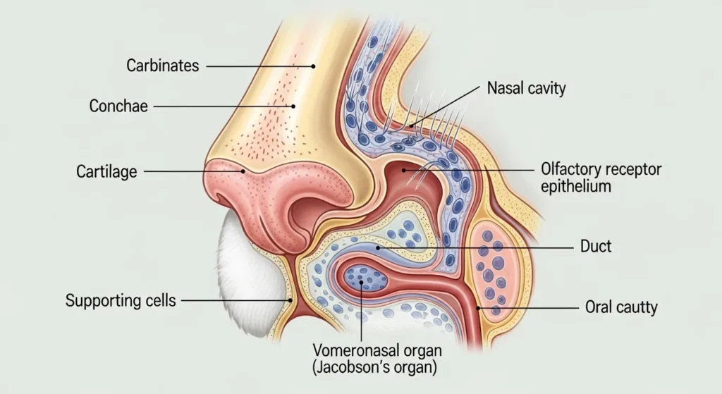 Diagram of cat nose showing olfactory receptors and Jacobson's organ location