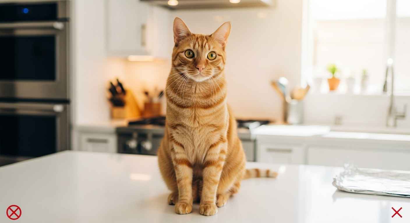 Orange tabby cat sitting on white kitchen counter looking at camera in modern kitchen