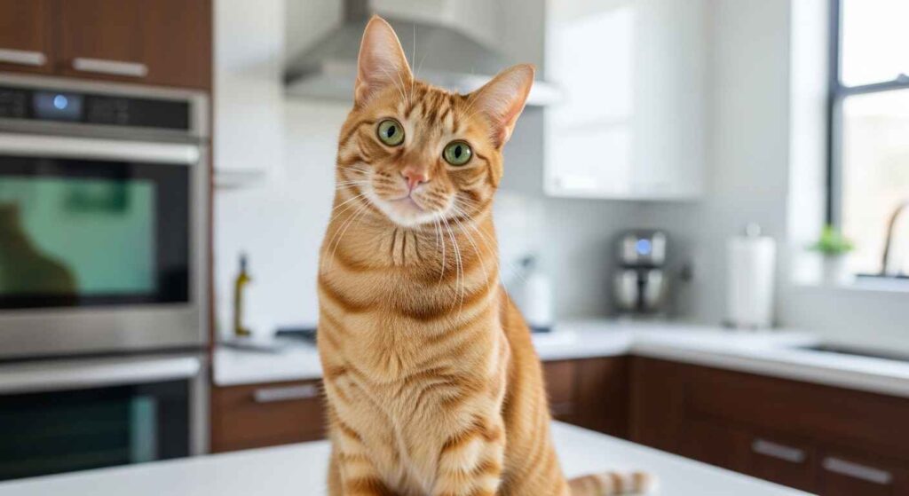 Orange tabby cat sitting on clean kitchen counter looking curious
