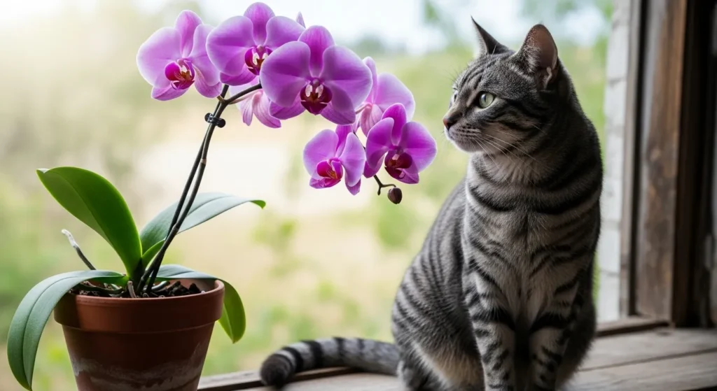 curious cat near safe orchid plant