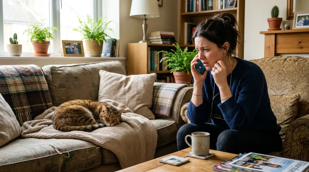 Concerned pet owner calling the vet while monitoring their cat