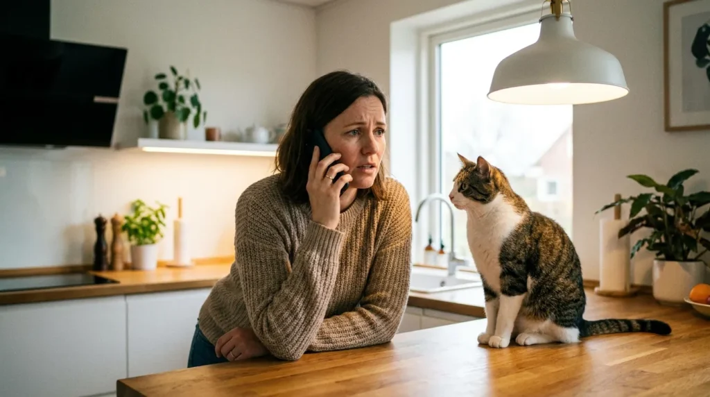Concerned cat owner calling vet with cat on counter nearby