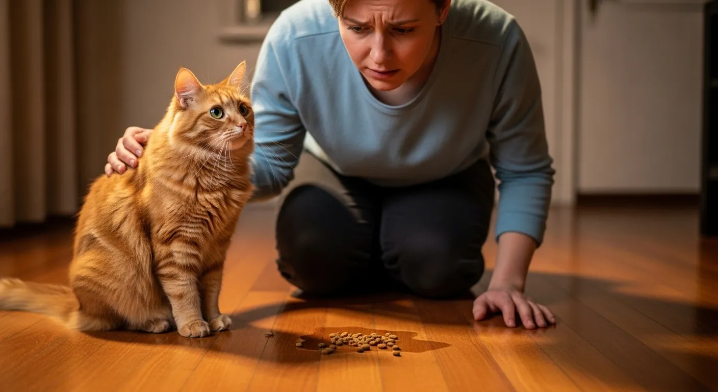 Concerned cat owner looking at their tabby cat after a vomiting episode on a hardwood floor.