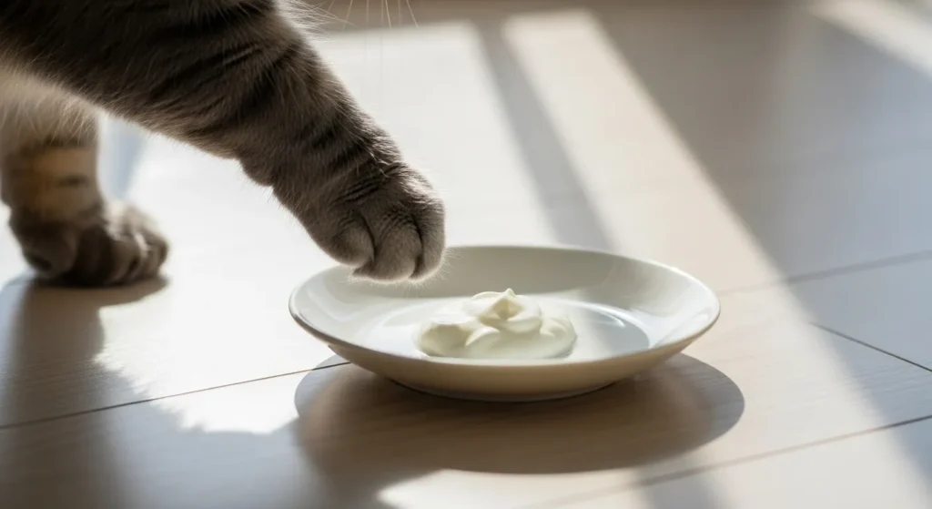 Cat paw near small yogurt dish