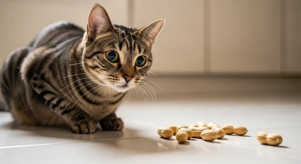 Cat approaching peanuts cautiously