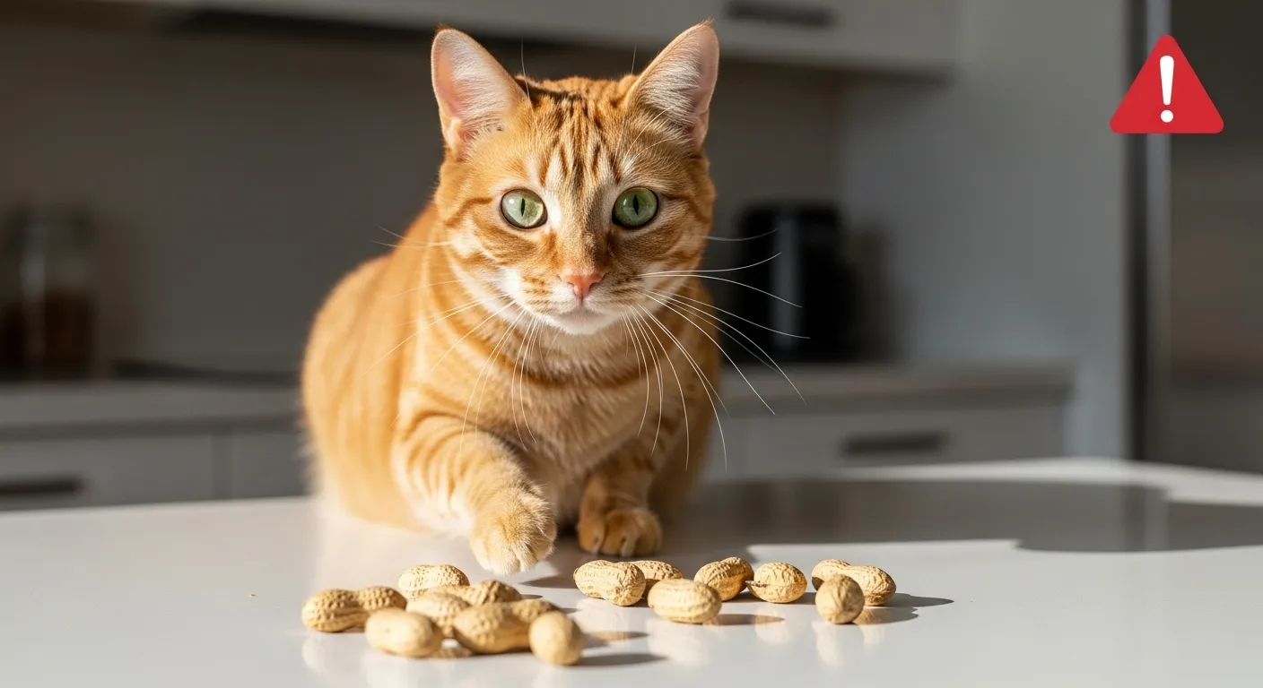 Cat investigating peanuts for safety guide